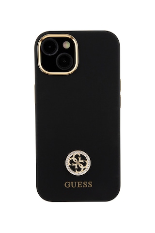 Apple Uyumlu iPhone 15 Kılıf Guess Lisanslı Yazı Ve Taşlı 4g Logolu Metal Kamera Çerçeveli Silikon Kapak Siyah