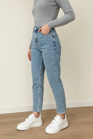 Woddi Kadın Likralı Mom Mavi Kar Yıkama Jean Kot Pantolon-3 Taş1