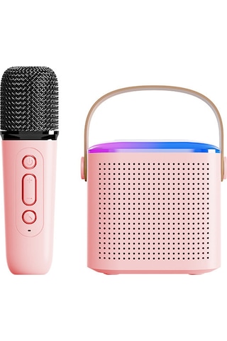 Monyee Pembe Mini Taşınabilir Bluetooth Mikrofonlu Hoparlör, Kablosuz Şarkı Söyleme Sistemi