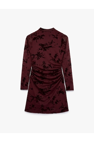 Koton Slim Fit Drapeli Uzun Kollu Dik Qipao Yaka Çiçekli Tül Mini Elbise Bordo 7wak80019pk