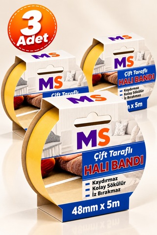 3 Adet Premium Çift Taraflı Halı Bandı 48 Mm X 5 Metre Yapışkanlı Kaydırmaz Kaymaz Bantı Kilim Paspas