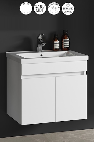 Çiğdem 55 Cm Beyaz Mdf Seramik Lavabolu Asma Banyo Alt Dolabı Beyaz