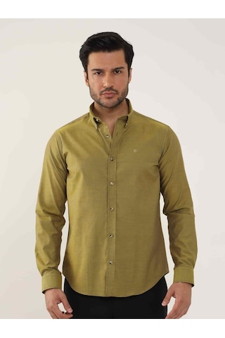 Dufy Hardal Erkek Slim Fit Düz Brent Düğmeli Yaka Uzun Kol Gömlek - 102454-hardal Hardal