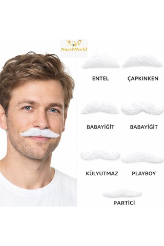 6 Lı Yapışkanlı Beyaz Parti Bıyık Seti Farklı Modeller 3+