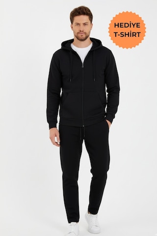Siyah Kapüşonlu Regular Fit Hırka Düz Paça Erkek Eşofman Takımı 3861 Siyah
