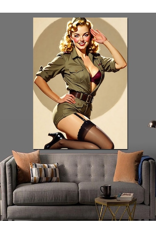Askeri Üniformalı Seksi Pin-up Dekoratif Kanvas - Mdf Ahşap Tablo