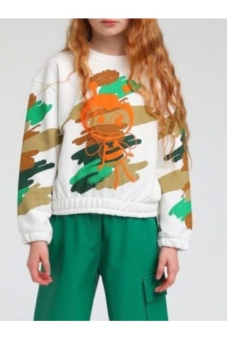 Kız Çocuk Arı Maya Baskılı Kamuflaj Sweatshirt-13654 Beyaz