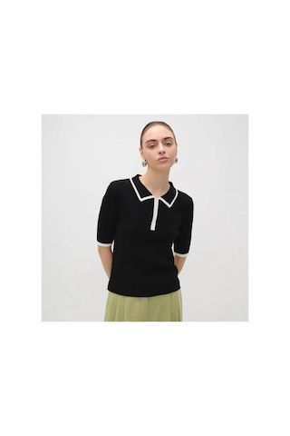 De Pose Siyah Kısa Kollu Premium Polo Yaka Fermuarlı Triko Kadın T-shirt