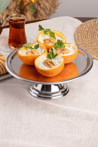Gümüş Yuvarlak, Ayaklı Şık Kek, Pasta, Kurabiye Ve Tatlı Servis Sunum Standı Gümüş