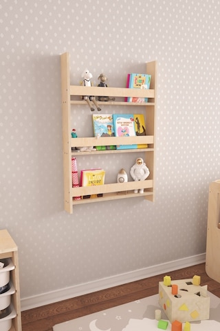 Step Montessori Boyasız Doğal Ahşap Duvara Monte Kitaplık Ahşap