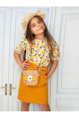 Quzucuk Kids Kız Çocuk Limon Figürlü Etekli Sarı Takım Sarı