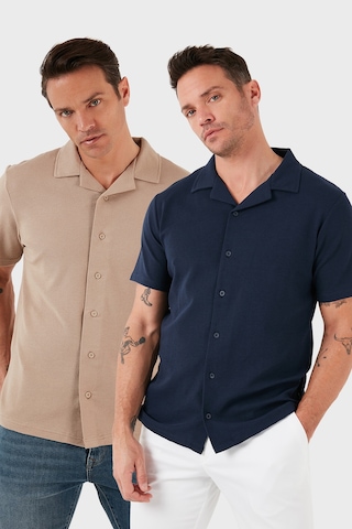 Buratti Pamuklu Regular Fit Kısa Kollu 2'Li Paket Erkek Gömlek 5902640S2 Vizon-Indigo