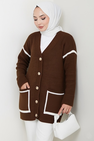 İlge Düğmeli Triko Hırka 1597 - Kahve Kahve