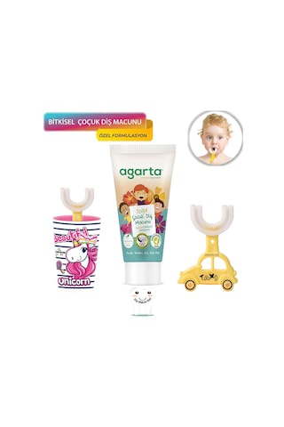 Mas Lord U Tipi Yeni Nesil Diş Fırçası Seti - Pembe Fırçalık + Sarı Araba 2-6 Yaş +Agarta Çocuk Diş Macunu