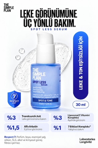 The Simple Plan Spot Less Leke & Ton Eşitleme Bakım Seti - Serum + Tonik + Temizleyici Çanta Hediyeli 3'lü