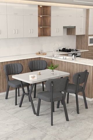 Gnr 70x110cm Sabit Beyaz Mutfak Masası Takımı, Yemek Masası, 4 Modern Antrasit Sandalye Antrasit