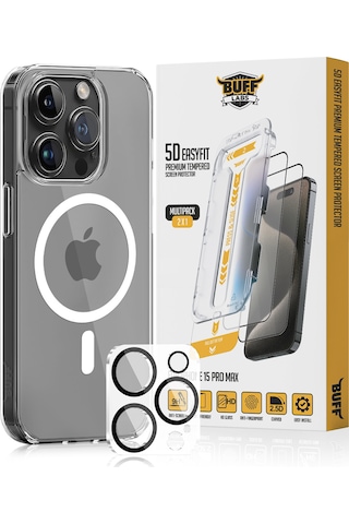 Buff Apple Uyumlu iPhone 15 Pro Max - MagSafe Kılıf + Ekran Koruyucu + Lens Koruyucu Glass