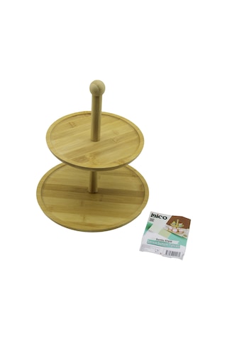 Yuvarlak 2 Katlı Ahşap Bambu Servis Sunumluğu 20/25 Cm Sarı