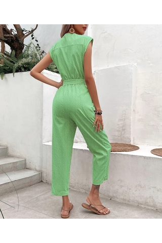 Barbora Keten Kadın V Yaka Tek Sıra Düğmeli Kolsuz Tulum Ln28haki7 001