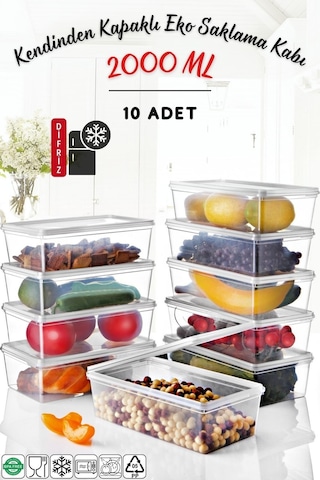 Nandy Home Kendinden Kapaklı Derin Dondurucuya Uygun Saklama Kabı 10 Adet 2 L Şeffaf