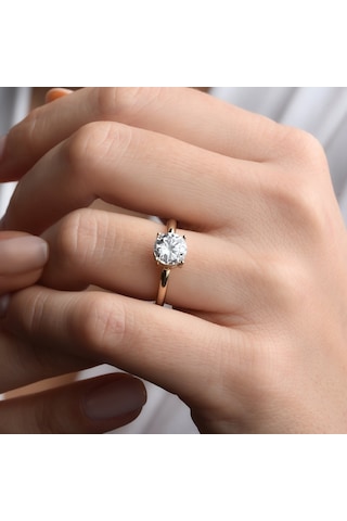 14 Ayar Altın Kaplama Yuvarlak Kesim Tektaş Gümüş Yüzük - Rs00101 Altın