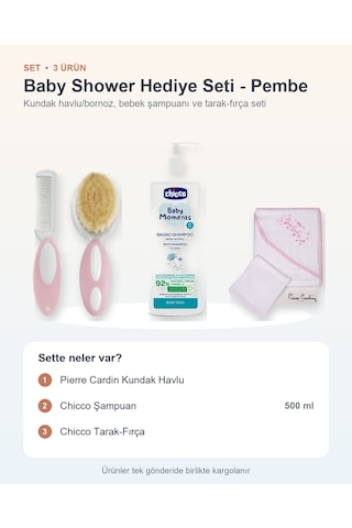 Baby Shower Hediye Seti 3 Parça: Pierre Cardin Kundak Havlu + Şampuan + Tarak-fırça - Pembe