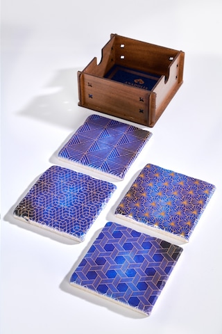 Altın Varaklı Mavi 4'lü Traverten Bardak Altlığı Mavi