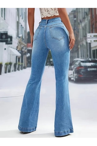 Valensdesign Kadın Yüksek Bel Önden Düğme Detaylı Parçaya Doğru Geniş Kot Pantolon Mavi