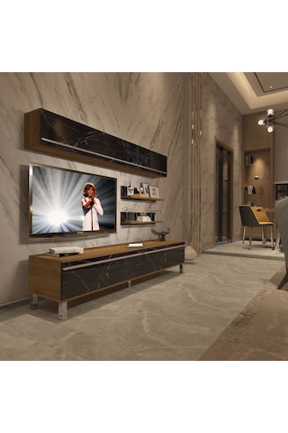 Decoraktiv Eko 5 Mdf Std Krom Ayaklı Tv Ünitesi Tv Sehpası Pera - Siyah Mermer