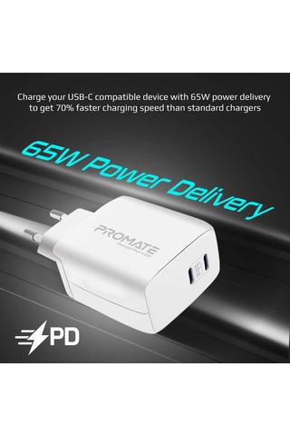 Promate PowerPort-65 GaNFast 65W Type-C PD Şarj Cihazı Beyaz