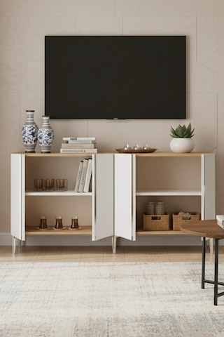 Ka1598dbs Anka150 Konsol, Kahve Köşesi, Tv Sehpası Ve Dolap Safirmeşe - Beyaz - Sılver 150cm