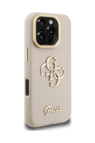 Apple Uyumlu iPhone 16 Pro Max Kılıf Guess Lisanslı Grained Yazı Logolu Kamera Standlı Kapak Bej