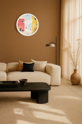 Retro Mimari Desenli Modern Duvar Saati - 42cm - Önü Camlı Beyaz Kasa - Sessiz Mekanizma Beyaz