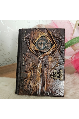 Güneş Ay Figürlü Doğaçlama El Yapımı Hakiki Deri Şamua Kağıt Eskitme Hediyelik Anı Günlük Ajanda Defter Açık Kahverengi