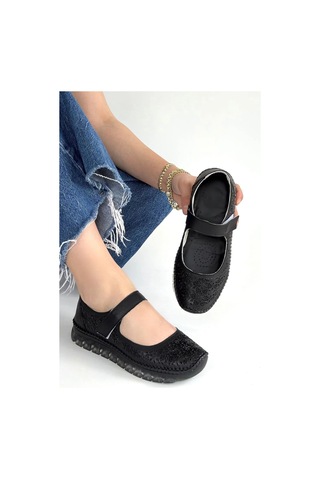 Look Shoes Herşeytrend Sina Siyah Hakiki Deri Cırt Cırtlı Babet Ayakkabı Siyah