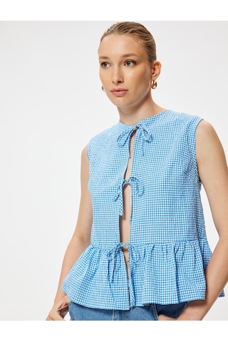 Koton Fiyonk Detaylı Peplum Yelek Pötikare Desenli Mavi Ekose 4sak30155pw Mavi