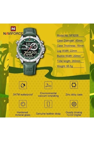 Naviforce Nf9208 Çift Ekran Kuvars Analog Lcd Dijital Erkek Saat Deri Kayış Gümüş - Yeşil Çok Renkli