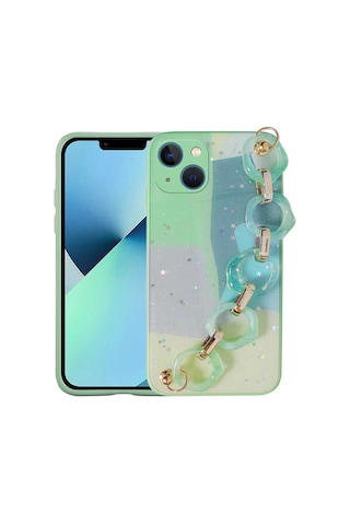 Apple Uyumlu iPhone 13 Uyumlu Simli Desenli El Askılı Tutacaklı Zore Elsa Silikon Kılıf-yeşil Yeşil -