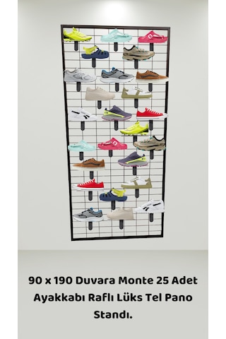 90x190 Duvara Monte 25 Adet Ayakkabı Raflı Lüks Tel Pano Standı Siyah