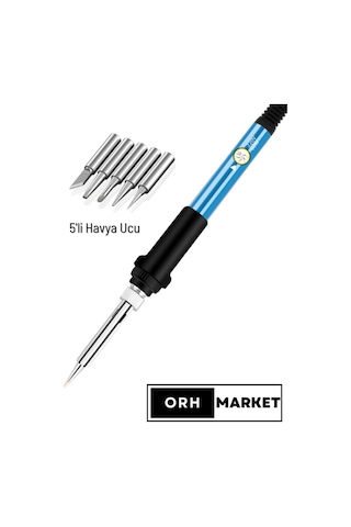 60W Sıcaklık Ayarlı Lehim Havya Seti – 5 Farklı Uçlu, Seramik Rezistörlü Kalem Havya