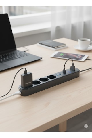 Winnboss 4'lü Priz 3'lü Usb Girişli Çoklu Uzatma Kablosu Şarj İstasyonu Akım Korumalı Anahtarlı 0.2 M