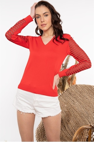 Kadın V Yaka Kolu Dantel Detaylı Kırmızı Bluz-Kırmızı