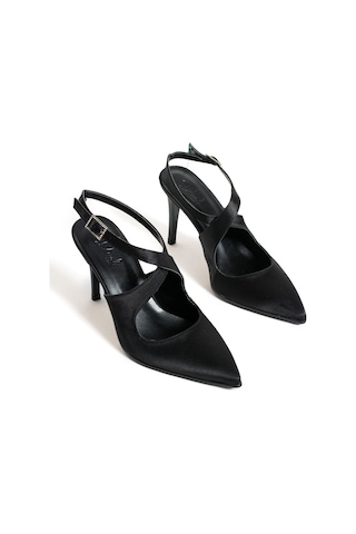 Duxal Shoes Natalia Sivri Burun Çapraz Taş Detaylı İnce Topuklu Ayakkabı Siyah
