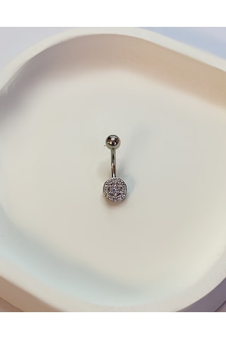Kadın Taşlarla Çevrili Tek Taş Model Çelik Piercing Gümüş