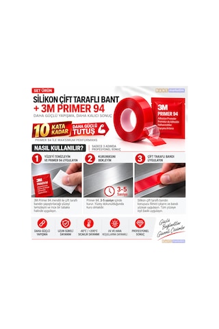 Silikon Çift Taraflı Bant 10adet 9mm X 5m + 10adet 3m Primer 94 Yapışma Güçlendirici Set