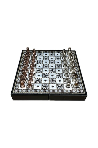Gifthome Antik Klasik Sedef Desenli Mini Seyahat Boy Satranç Takımı 16 X 16 Cm