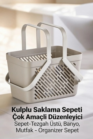 1'li Gri Çok Amaçlı Kulplu Sepet Mutfak Banyo Organizer Taşıma Sepeti Çok Renkli