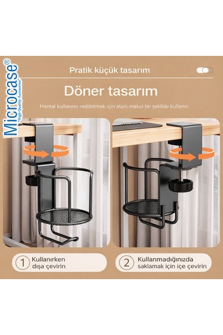 Microcase Çok Amaçlı Masaya Monte Bardak Termos Şişe Ve Kulaklık Tutucu Al5439 Siyah
