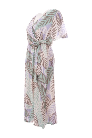 Canel V Yaka Midi Şifon Elbise - Bohemian Tarzı Yaprak Desen Çok Renkli