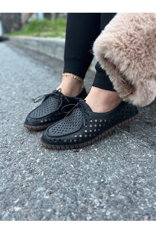 Dabab Shoes Vırena Kadın Siyah Hakiki Deri File Bağcıklı Düz Taban Yazlık Babet Loafer Ayakkabı